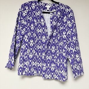 Chico's Ikat Print Blazer Women Size 2 Large Purple White Open Front Jacket